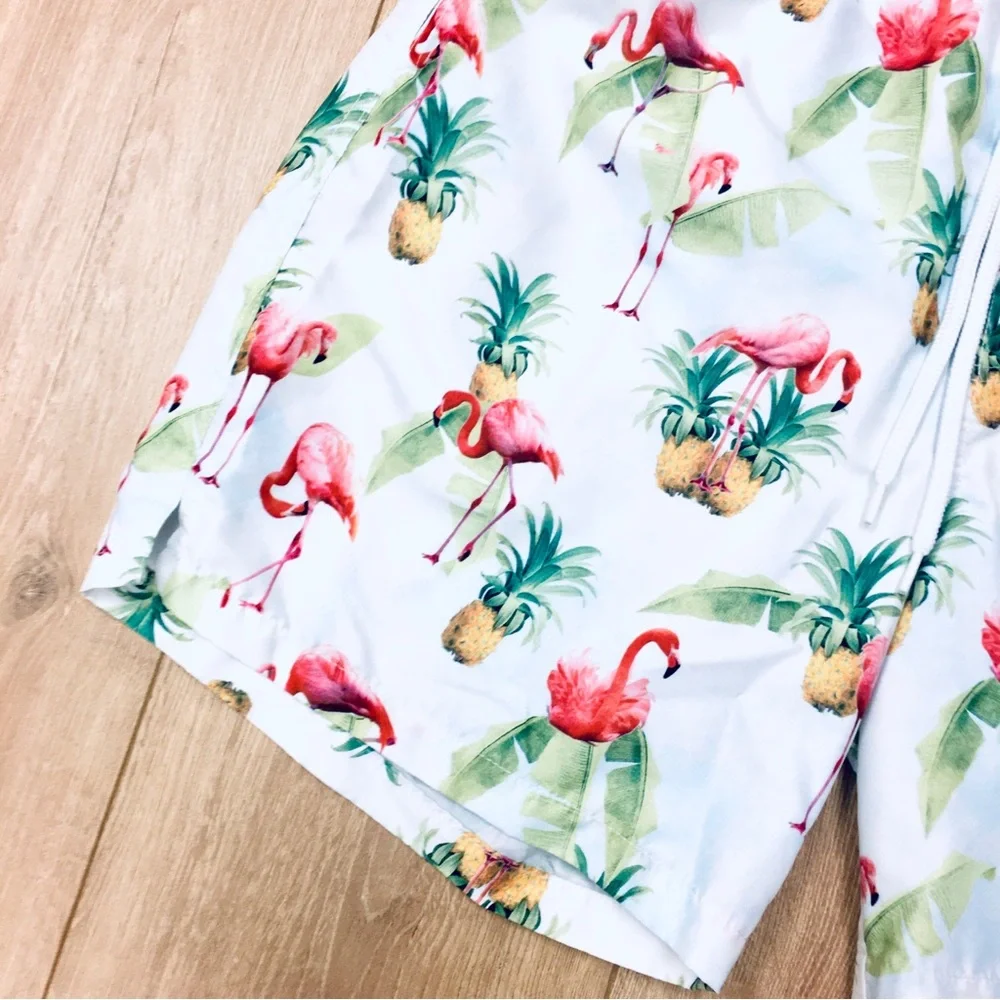 ASOS Men's White Print Swim Trunks shorts palm trees pineapples beachy small